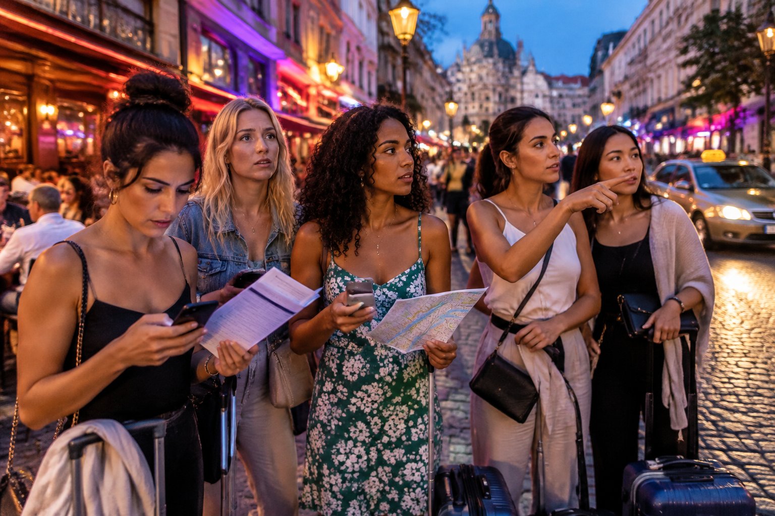 A group of women discuss travel plans together at a bright outdoor café.
