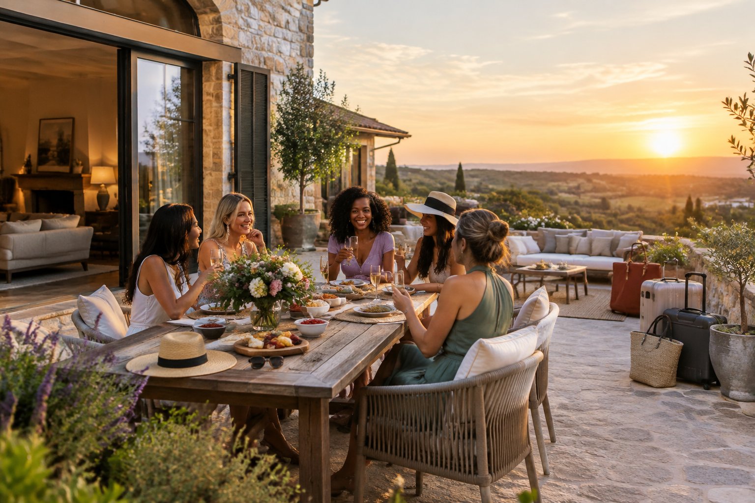 Friends enjoying drinks together outside a stylish vacation home.