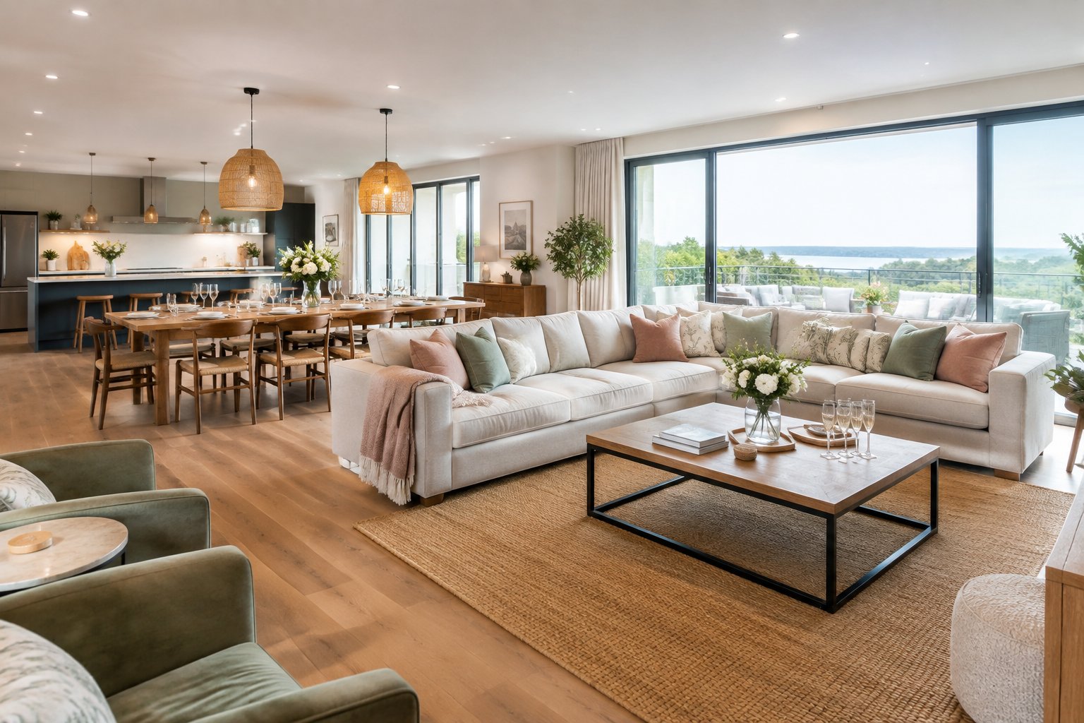 A bright, spacious holiday rental home with a modern kitchen, comfortable seating, and a dining area prepared for a group.