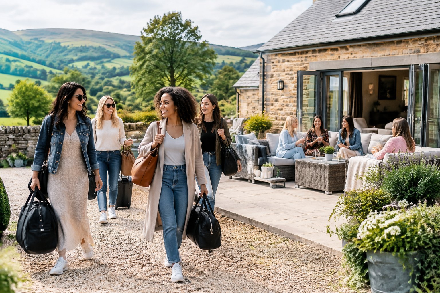 A group of women arriving at a welcoming countryside holiday home in the UK.