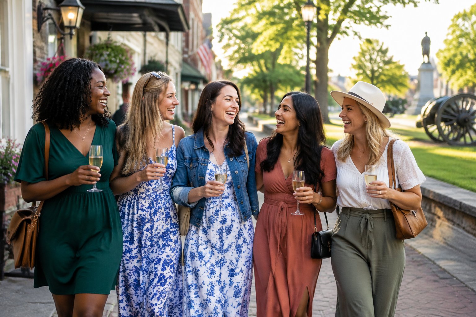 A group of women friends celebrating together on a charming historic street in Gettysburg.