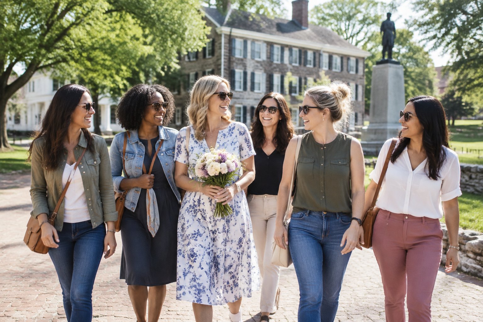 A group of women friends enjoying a daytime walk together in historic Gettysburg.