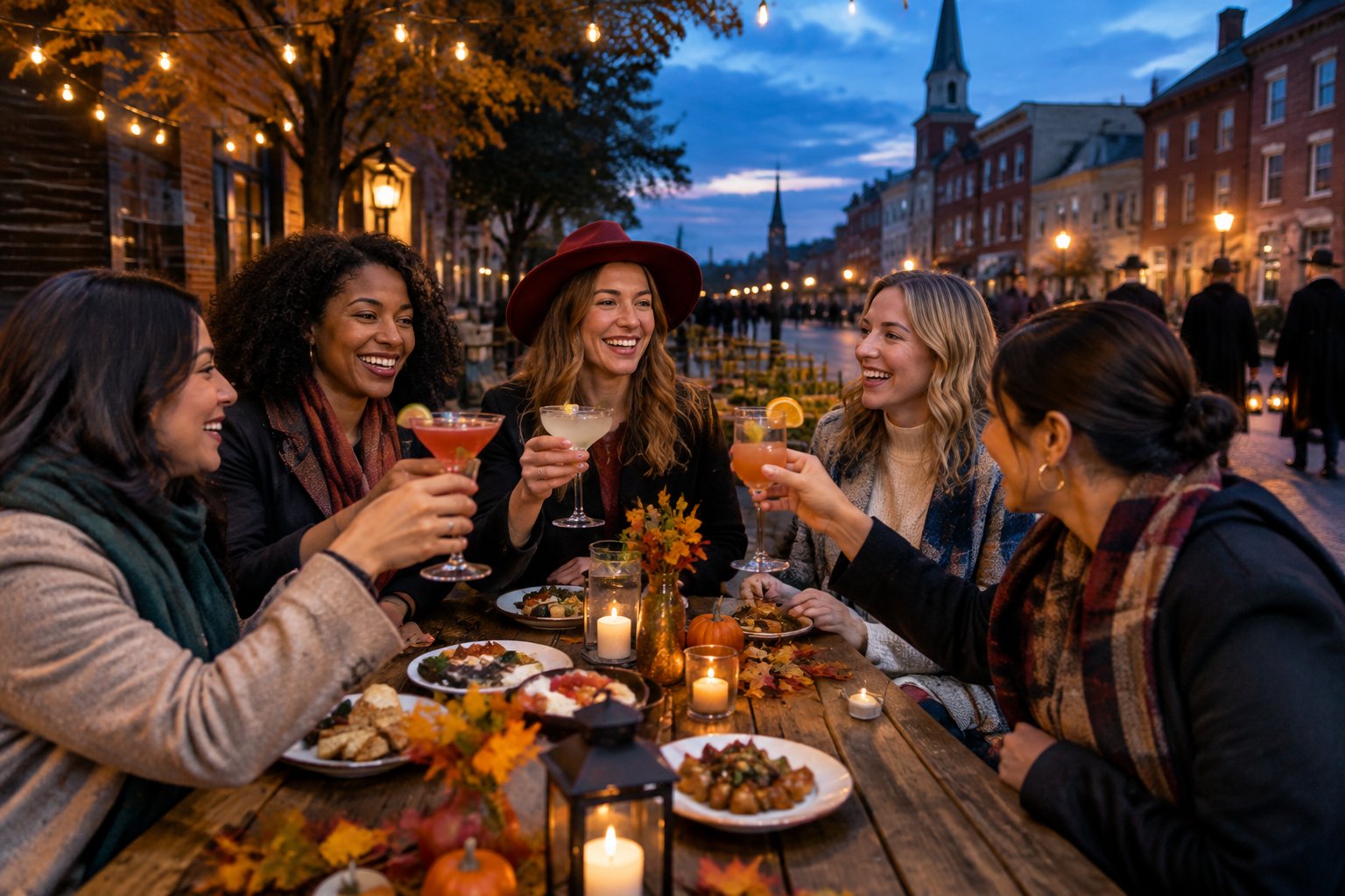 A group of women enjoys drinks and dinner outdoors near a historic town during an autumn evening.