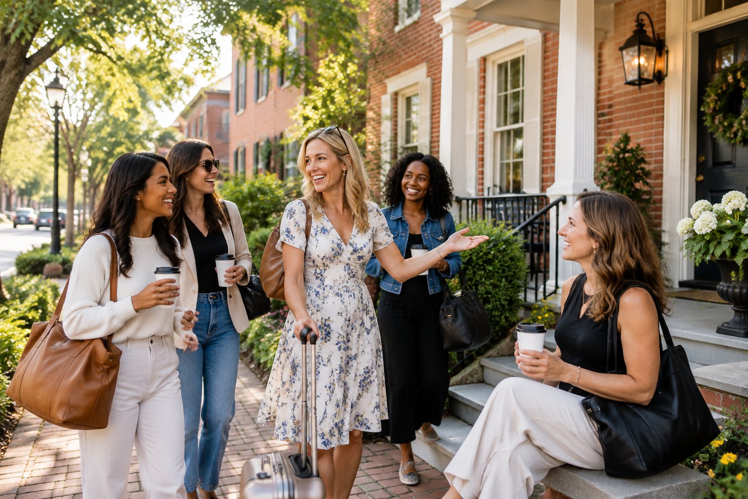 A group of women friends relax outside a charming historic inn in Gettysburg.