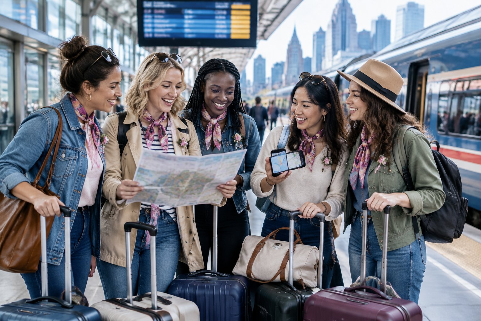 A group of women with luggage planning a celebration trip on a train platform.