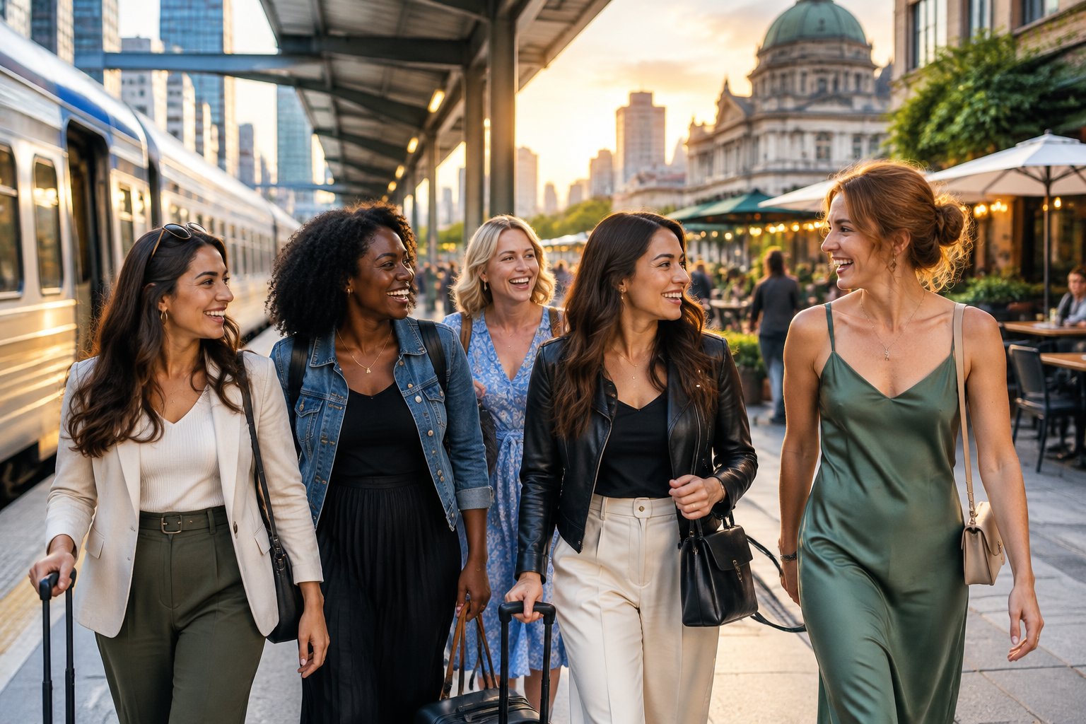 A group of friends enjoying a lively city weekend near a passenger train station.