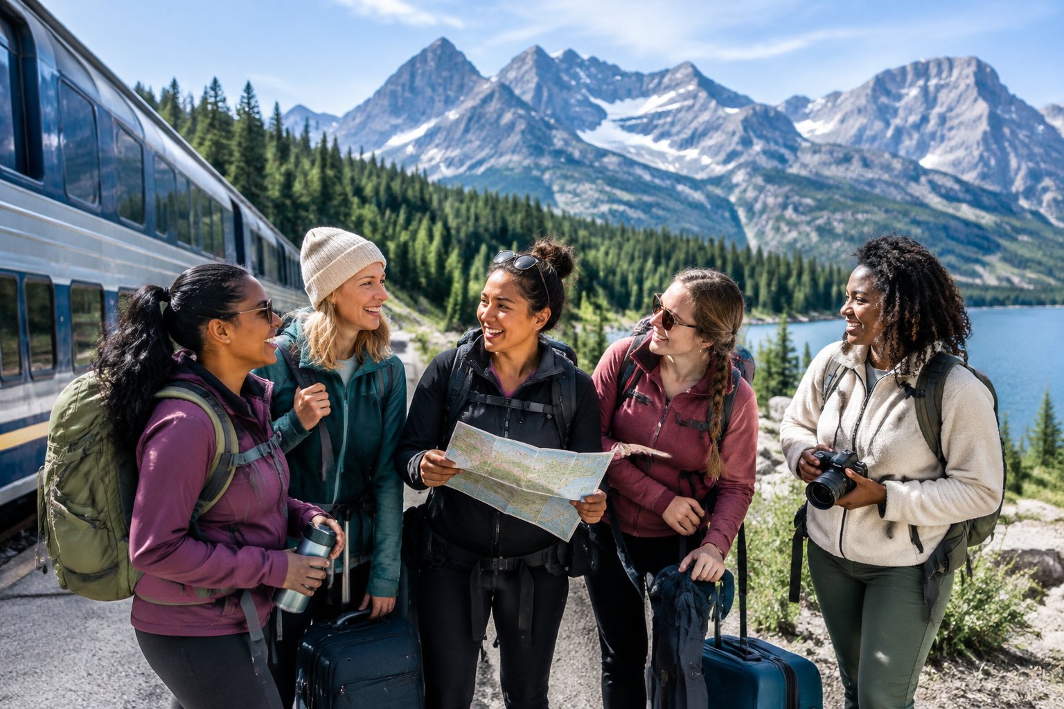 A group of friends gathers beside a passenger train with mountains, forests, and an alpine lake in the background.