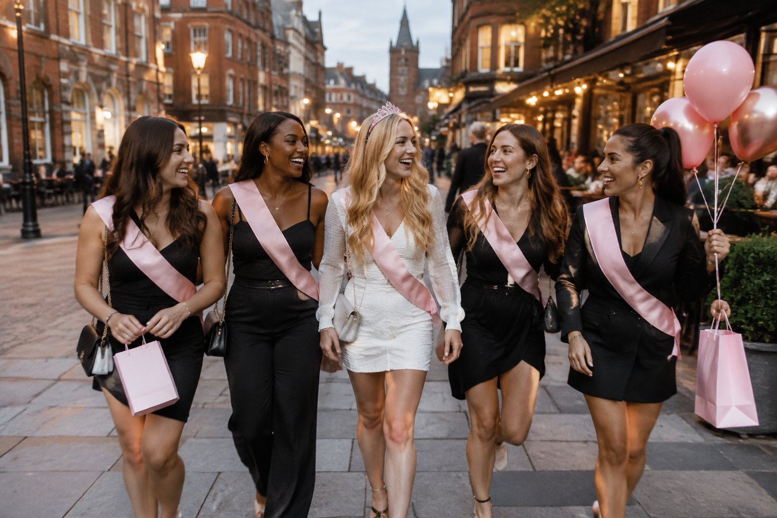 A group of women celebrating a hen party together on a lively UK city street.
