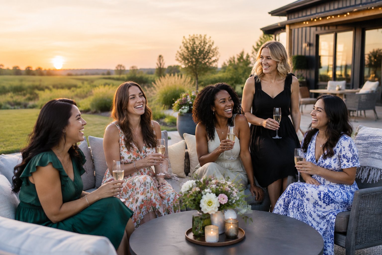 A group of women celebrating a hen party outdoors at a welcoming Midwest venue near Grimes, Iowa.
