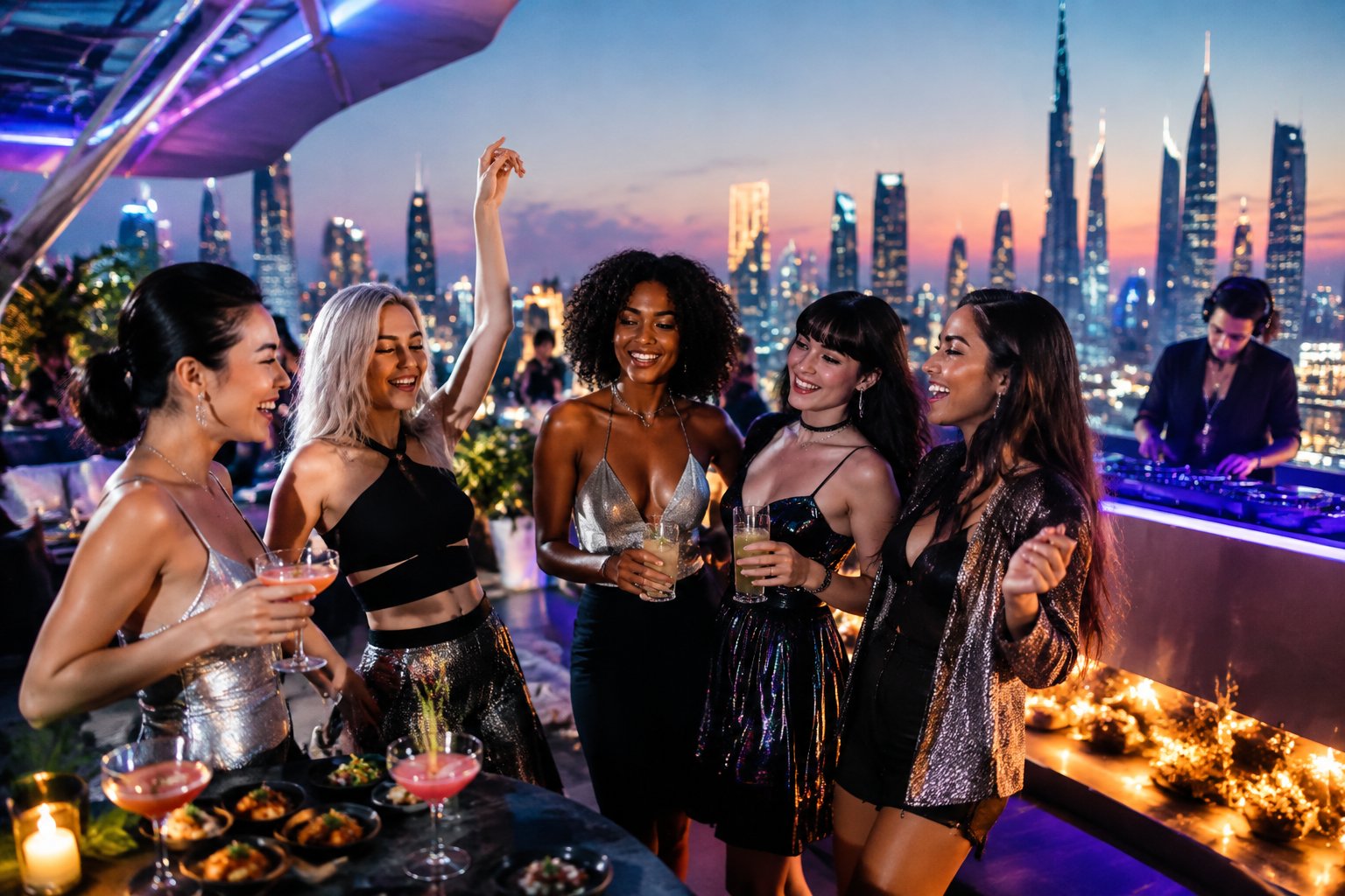A group of friends celebrating a hen party at a lively rooftop venue overlooking a glowing city skyline.