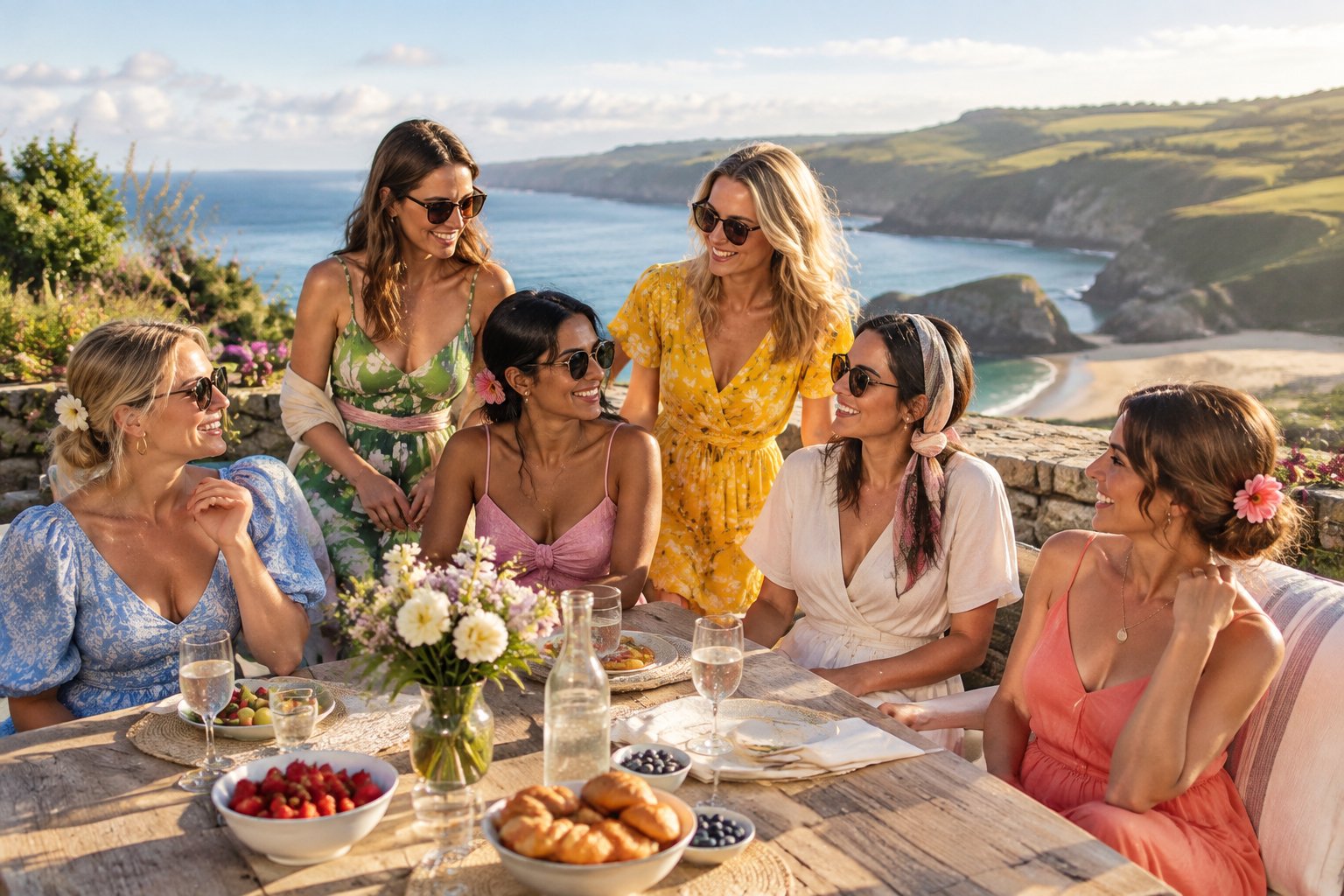 A group of women friends enjoying a sunny celebration on a terrace overlooking a green coastal landscape.
