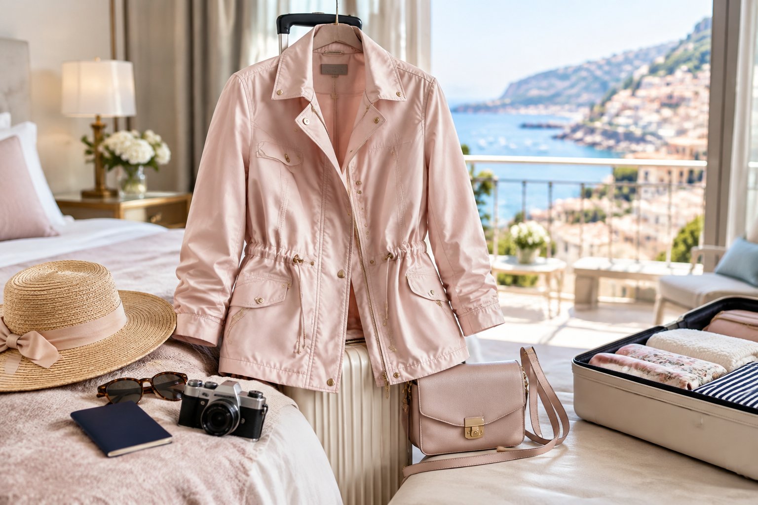 A stylish women’s travel jacket displayed with luggage and holiday accessories in a bright hotel room.