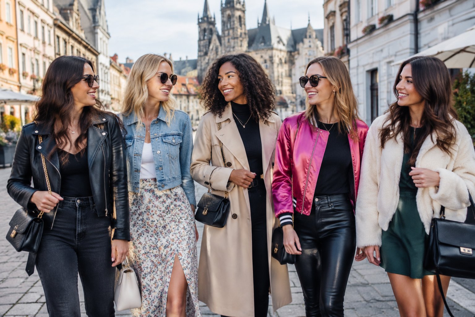 A group of women wearing stylish jackets together on a European city street.