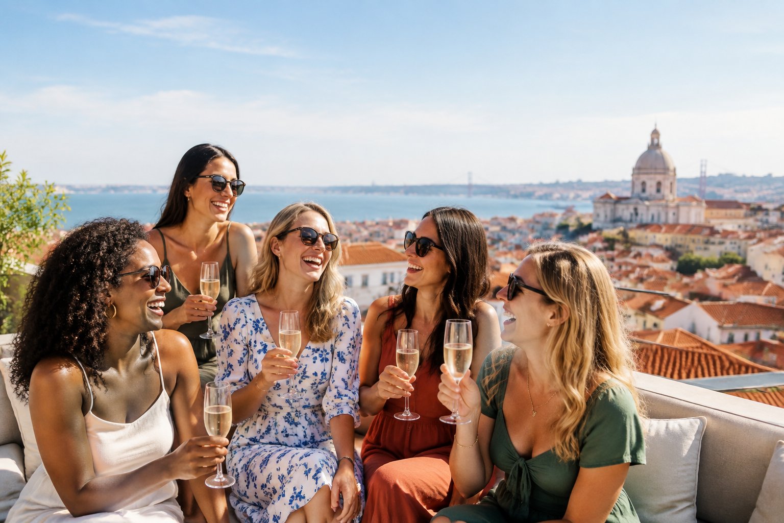 A group of friends celebrating together on a sunny rooftop overlooking a European city.
