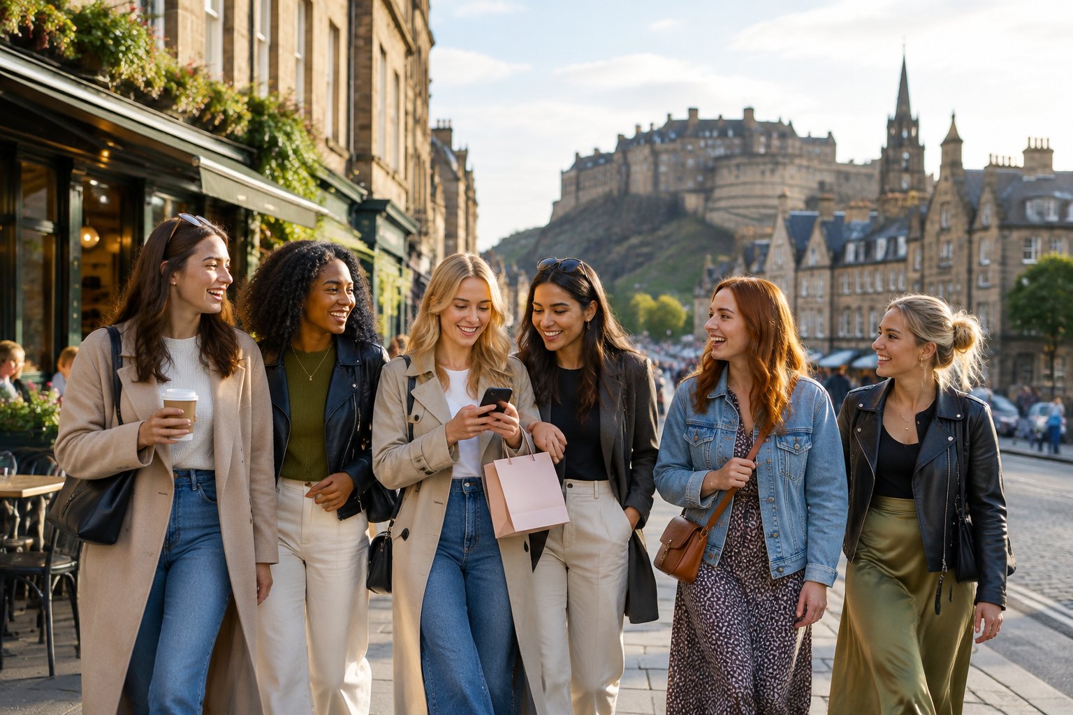 A group of friends exploring a lively British city street together.