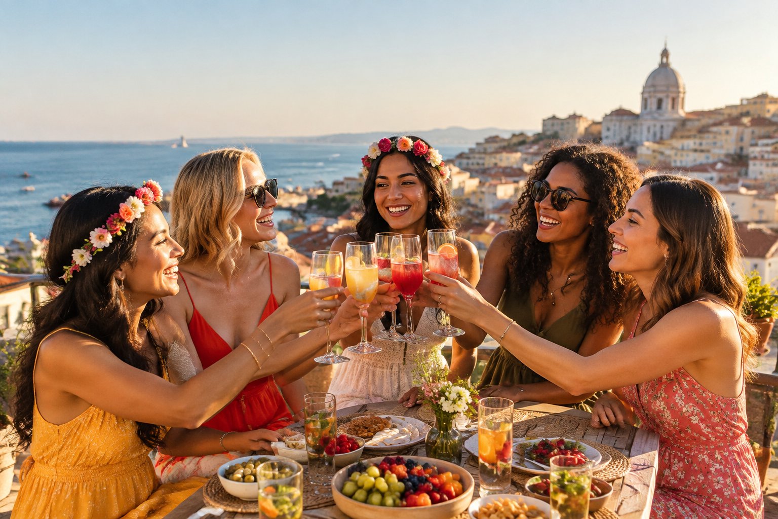 A group of women friends celebrating together on a sunny Mediterranean terrace overlooking a European coastal city.