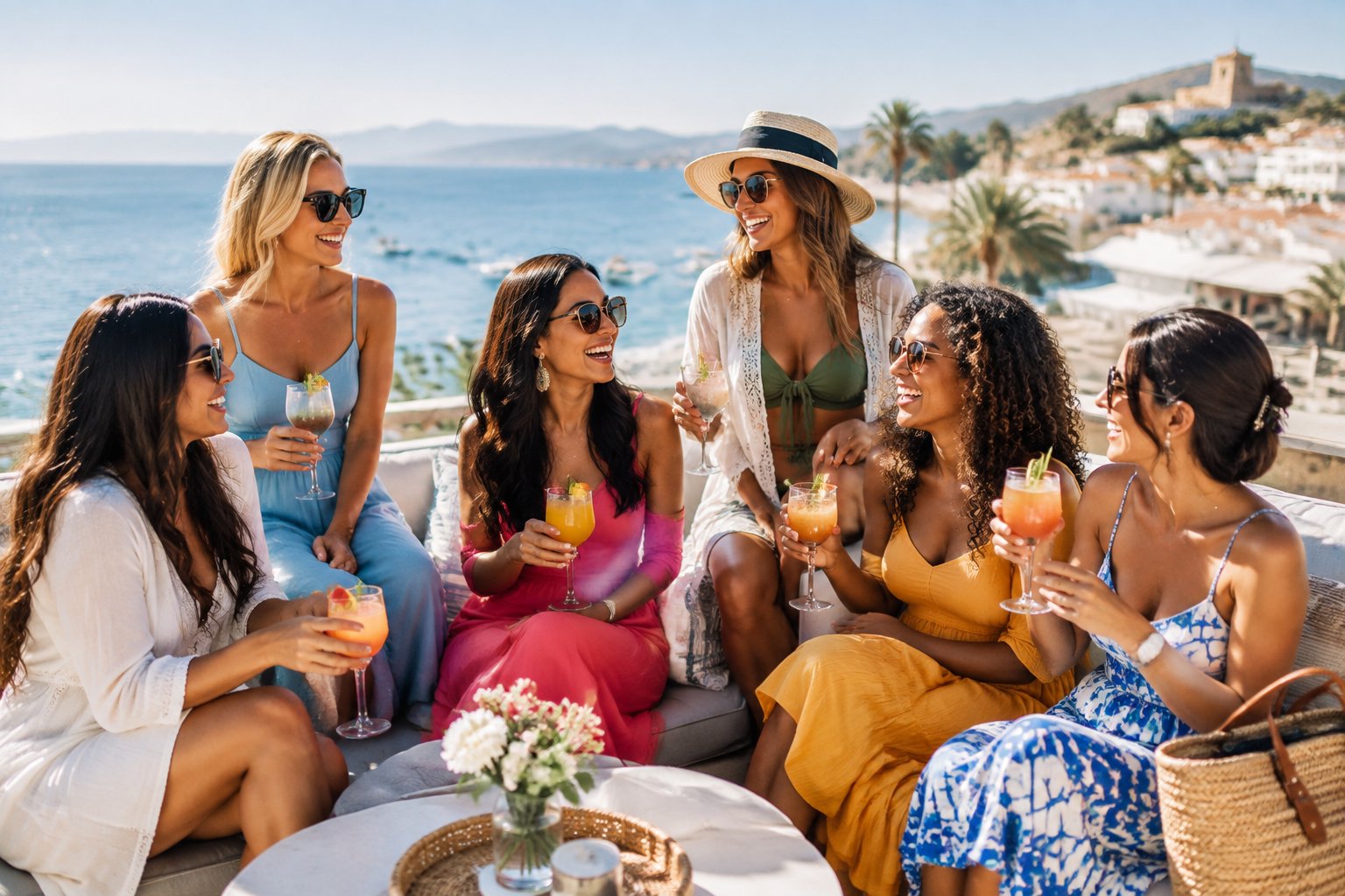 A group of friends celebrating together on a sunny rooftop overlooking a Mediterranean seaside destination.