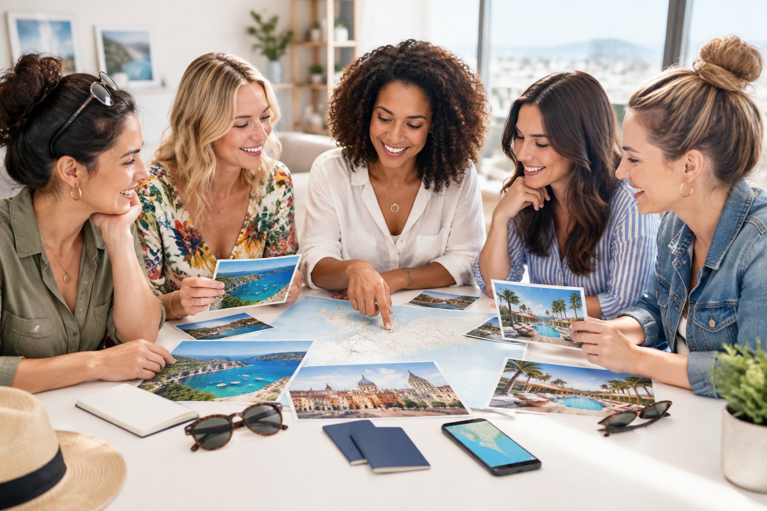 A group of friends compares travel materials while planning a hen party holiday.