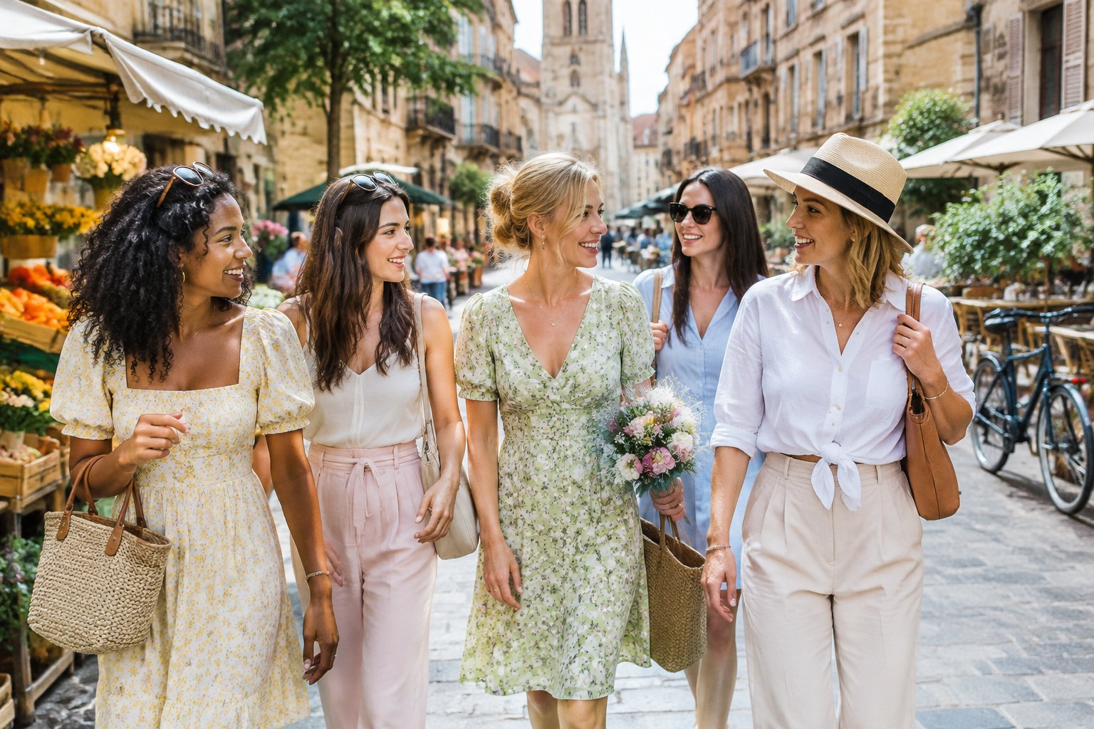 A group of women friends exploring a historic European neighborhood during a relaxed cultural holiday.
