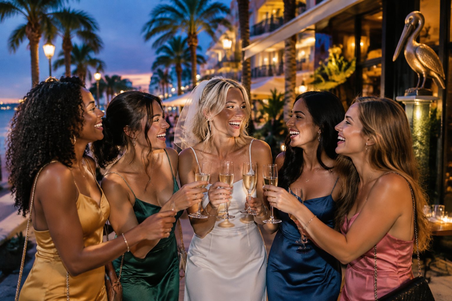 A group of women celebrating a hen night outside lively city venues at dusk, with a pelican decoration nearby.