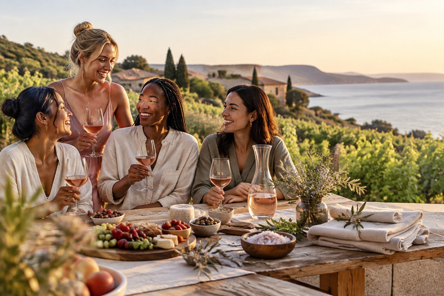 Friends enjoy wine and wellness at a peaceful coastal vineyard retreat.