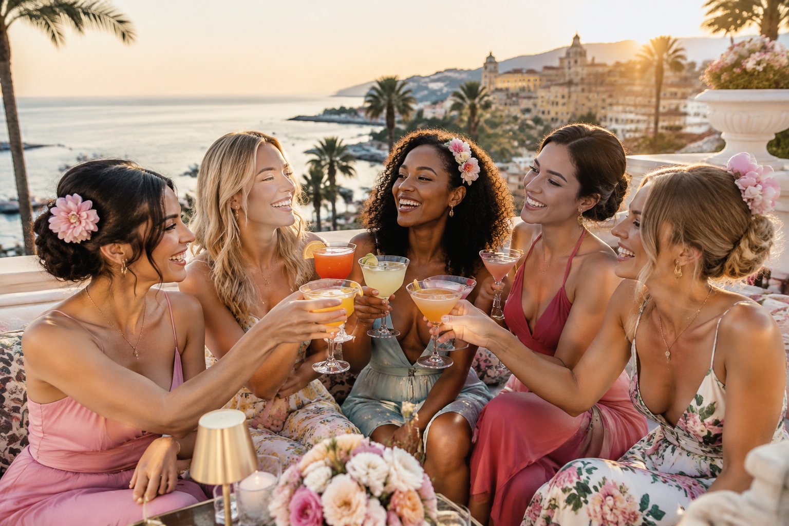 A group of friends celebrating together on a sunny coastal city terrace.