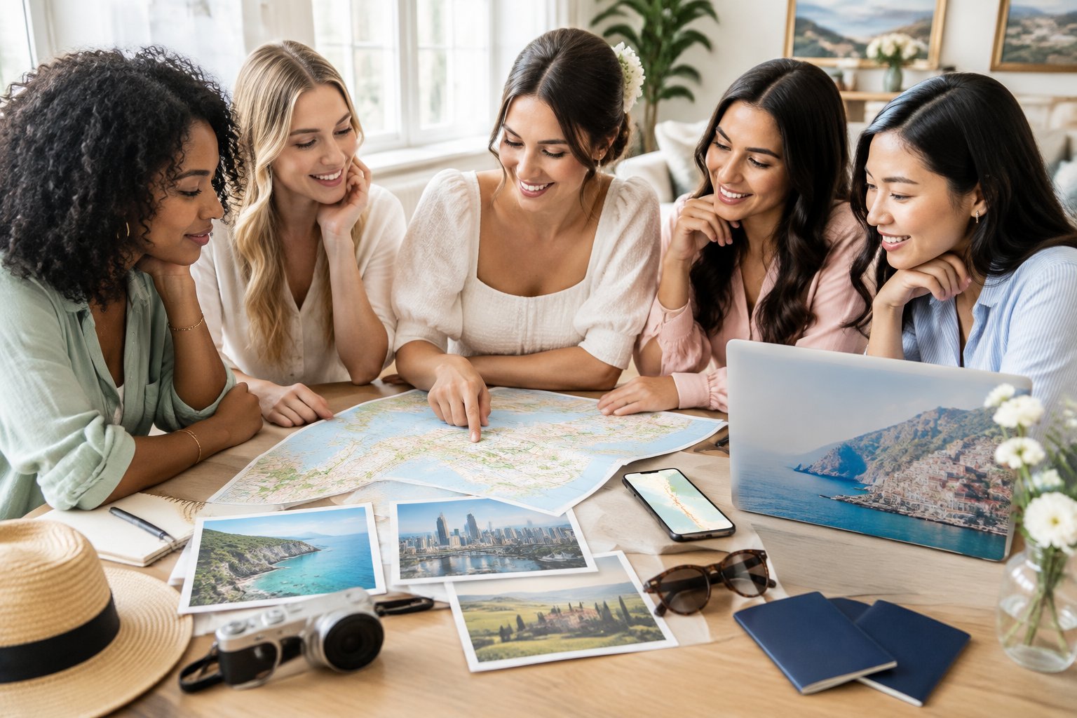 A group of women compares travel options around a table while planning a bride’s hen party destination.