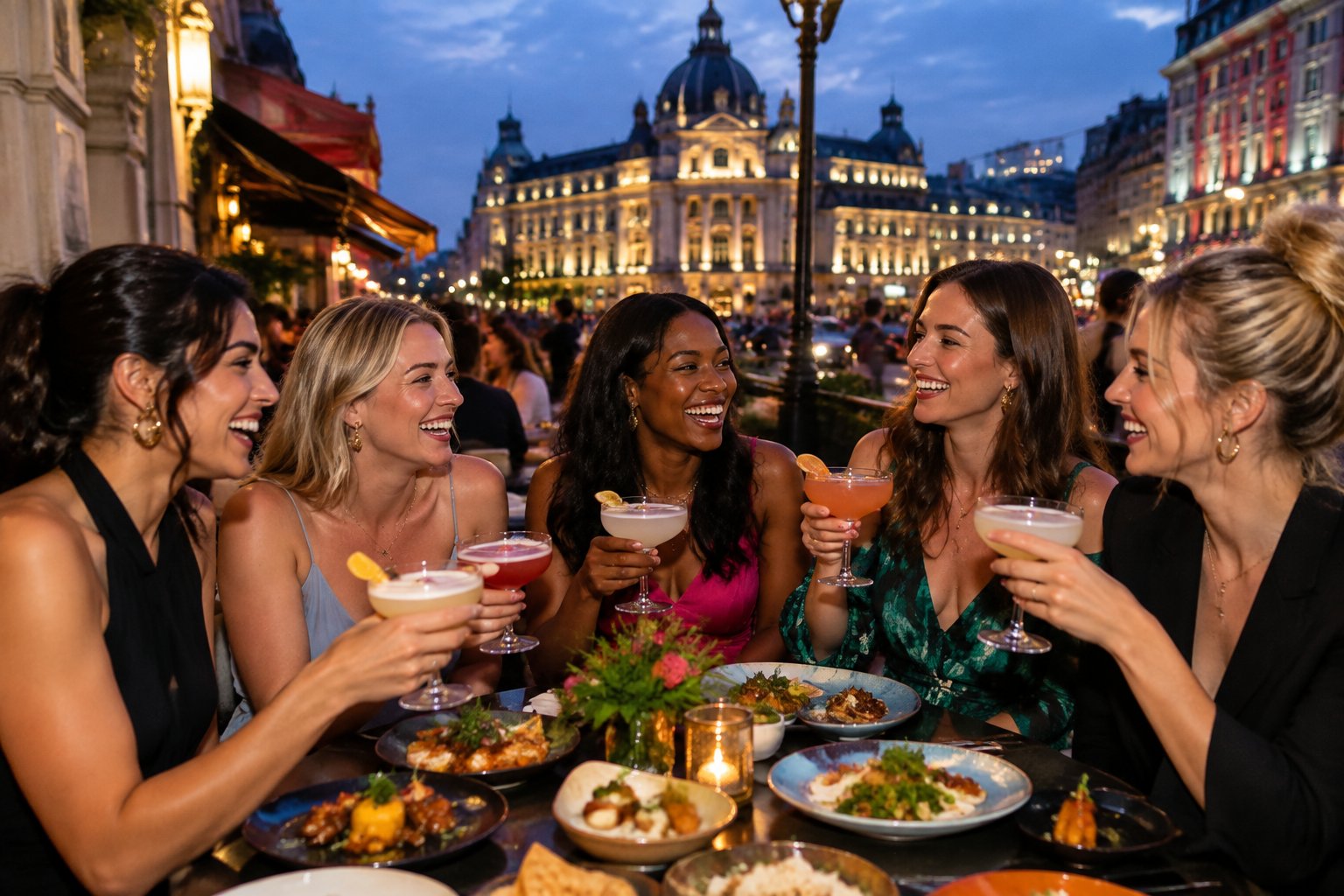 A group of friends enjoying food and cocktails at a lively city restaurant during an evening celebration.