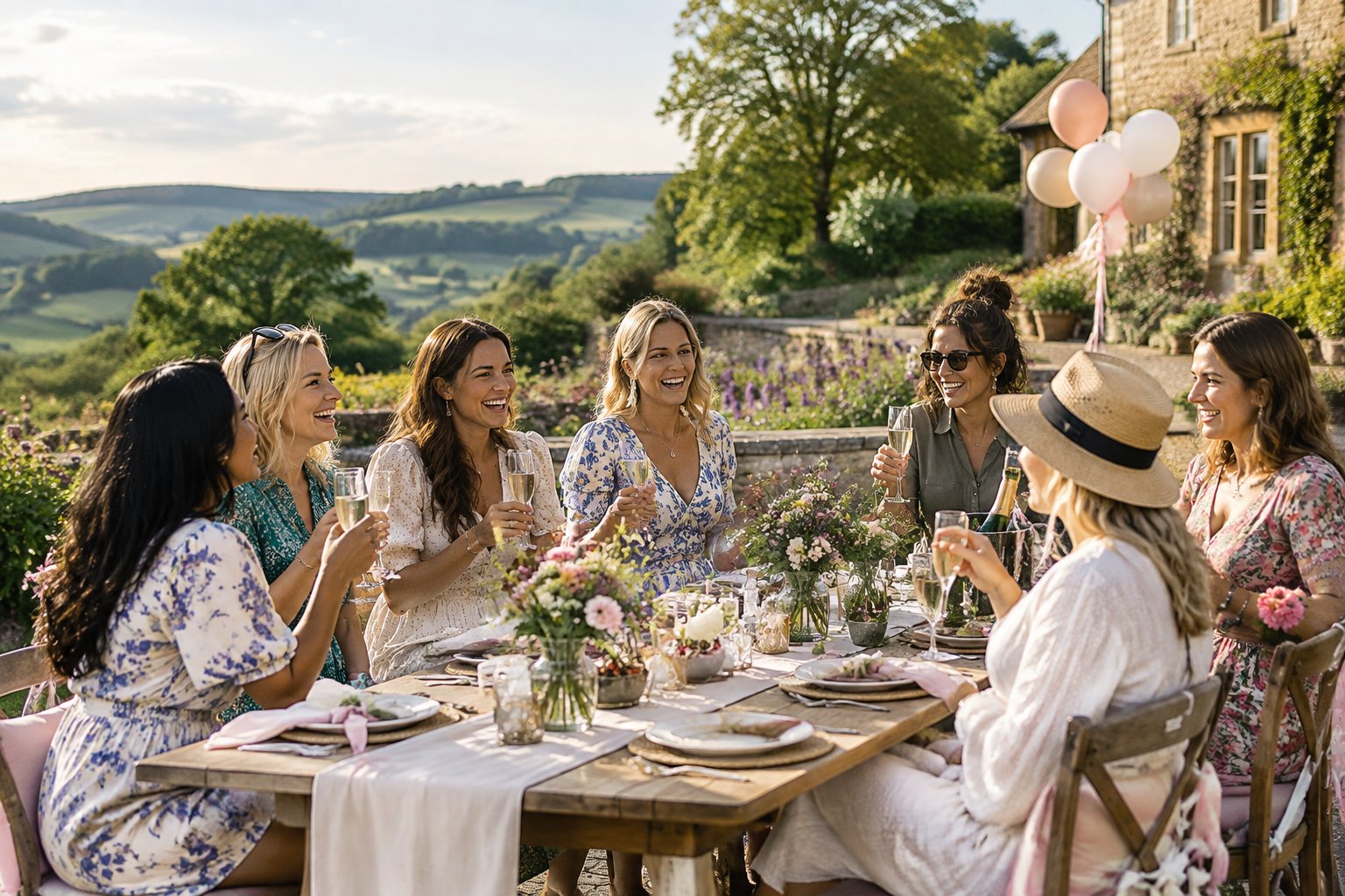 A group of women celebrating together at a private countryside estate with gardens, hills, and an outdoor dining table.
