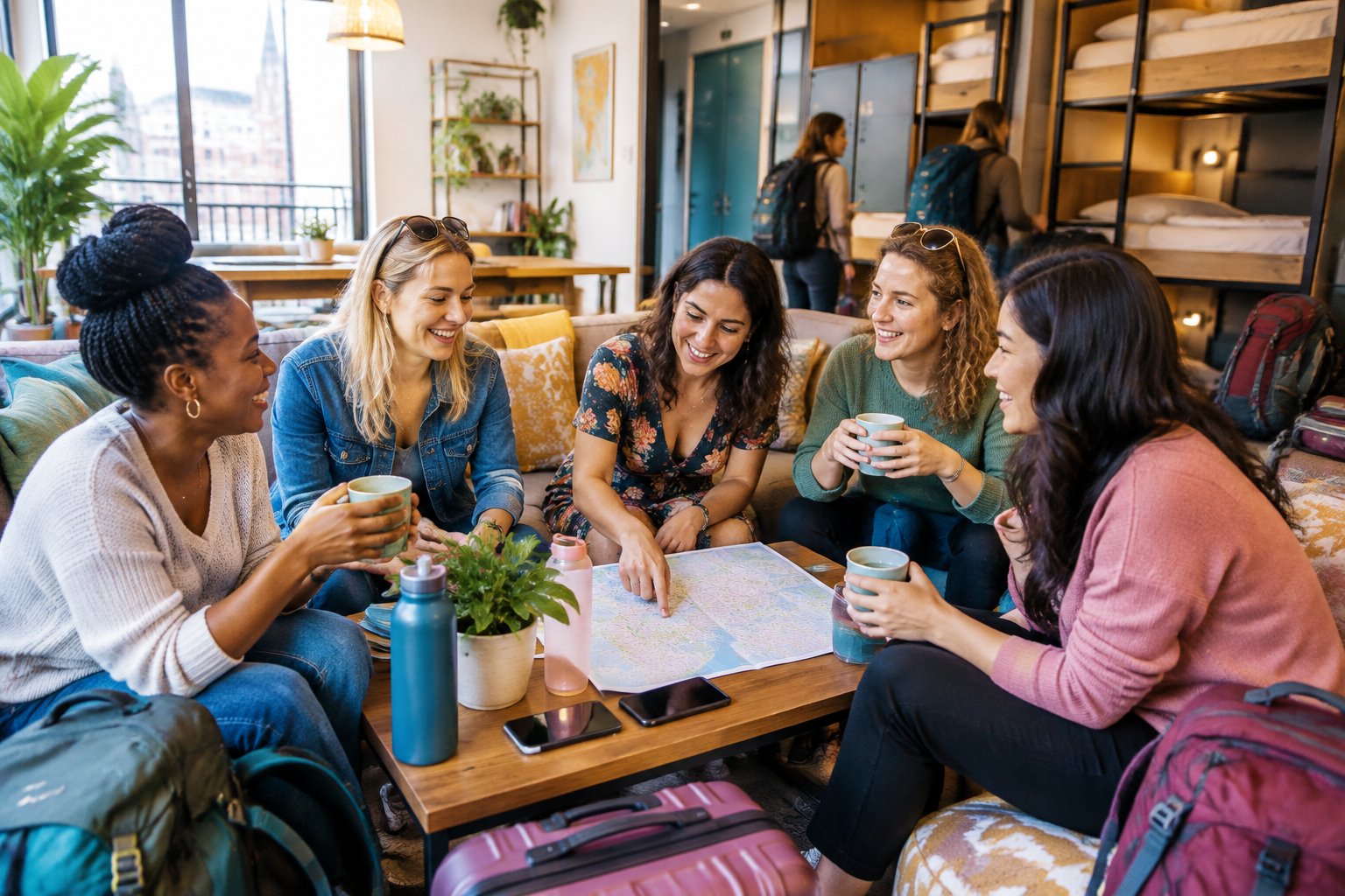 A group of women friends enjoying time together in a bright, modern hostel common room.