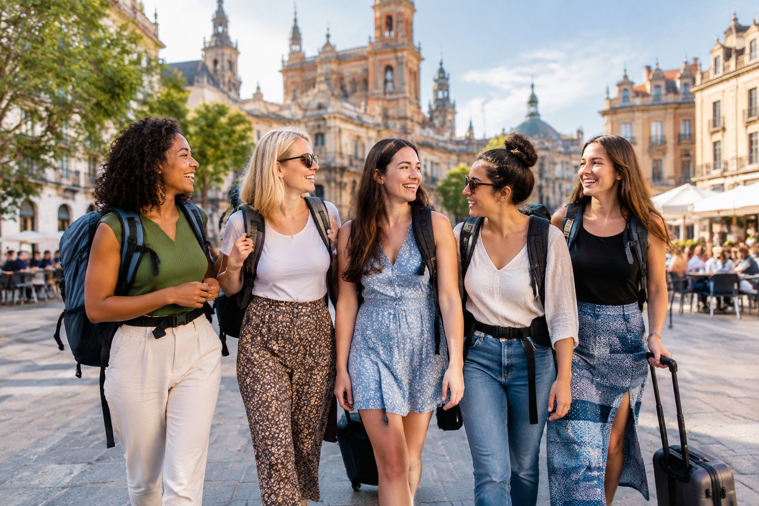 A group of friends enjoying a hen weekend in a picturesque European city near a hostel.