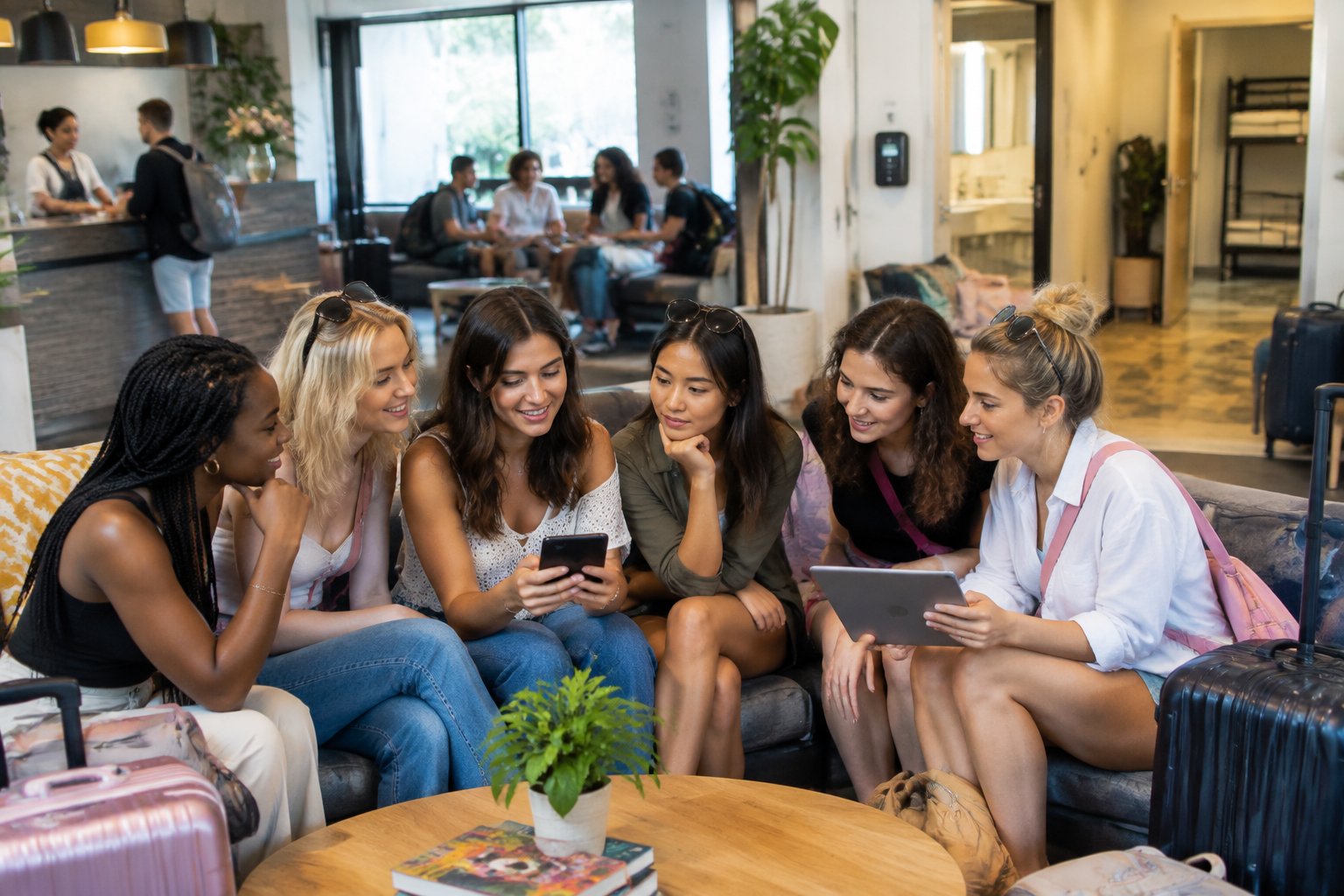 A group of women compares hostel options on mobile devices in a bright shared lounge.