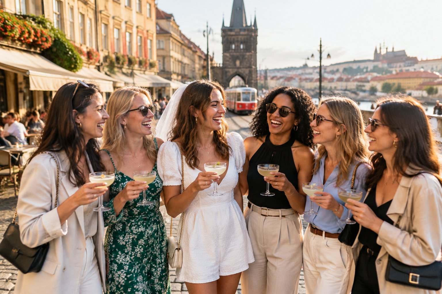 A group of women laughing together on a historic Prague street during a celebratory city outing.