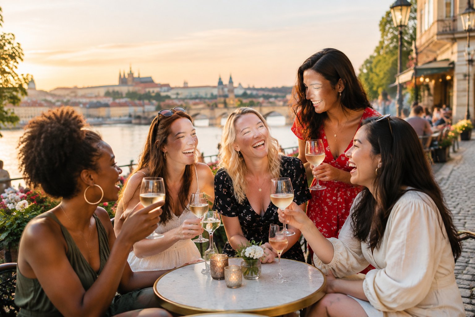 A group of friends enjoying a celebratory activity together in a historic Prague setting.