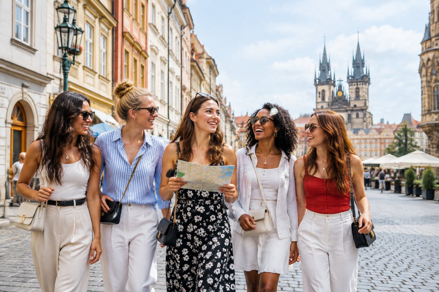 A group of friends explore a historic Prague street during a sightseeing celebration.