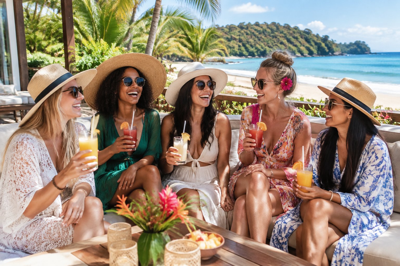 A group of friends celebrating together at a tropical beach resort in Costa Rica.