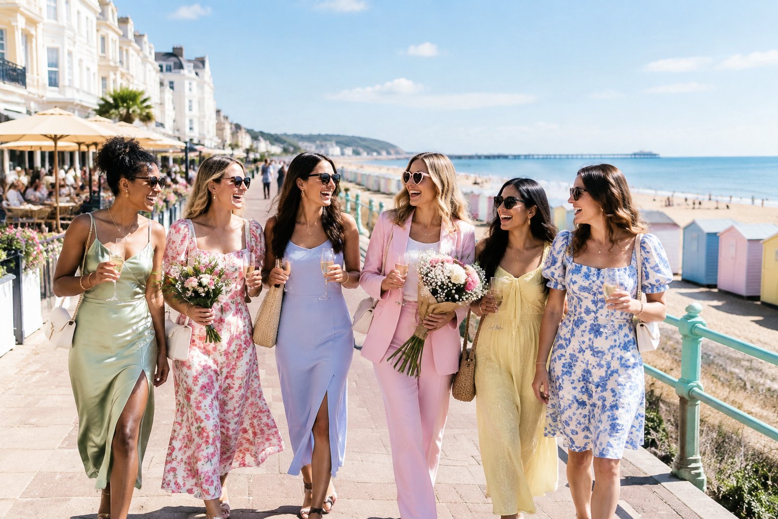 A group of friends enjoying a celebratory day by a sunny British seaside promenade.