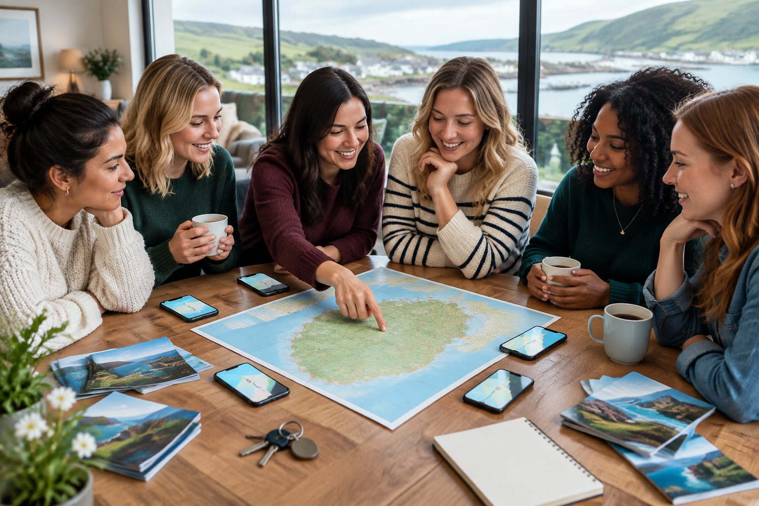 Friends compare maps and travel options for an Irish hen party in a bright holiday cottage.