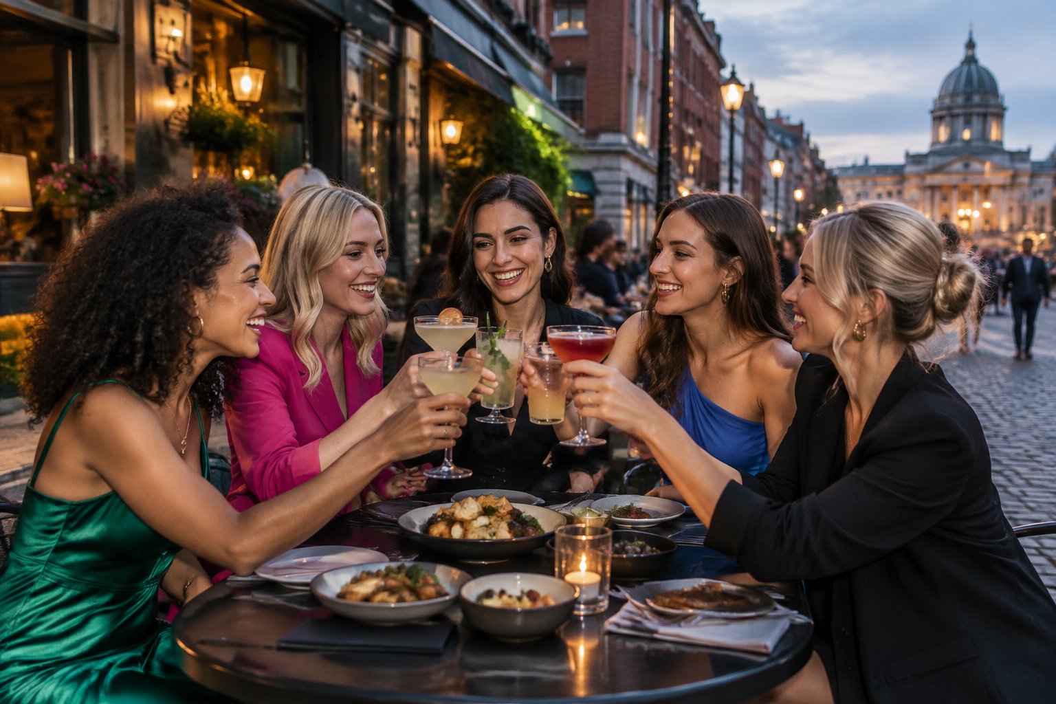 A group of women celebrating together outside a warmly lit restaurant in an Irish city.