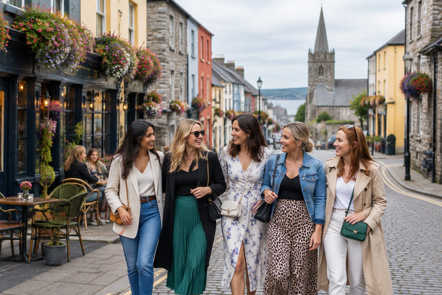 A group of friends enjoying a relaxed hen weekend in a charming Irish town centre.