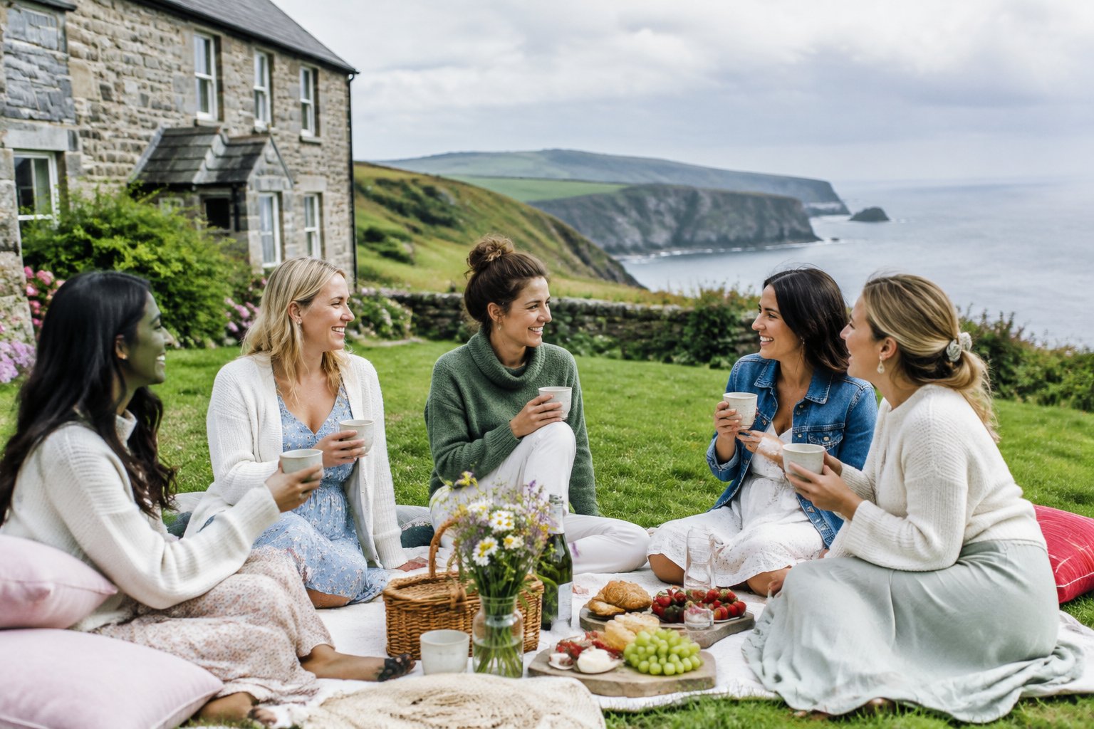 A group of friends relaxing outside a countryside house near Ireland’s green hills and rugged coast.