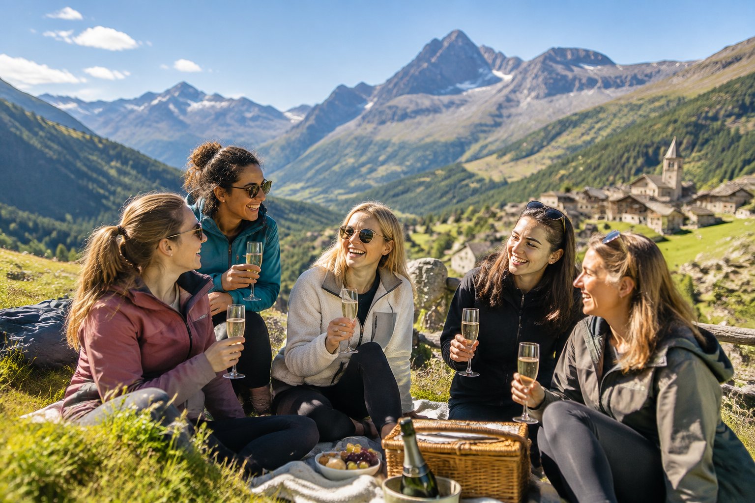 A group of women friends enjoying a celebration in a sunny alpine meadow in Queyras.