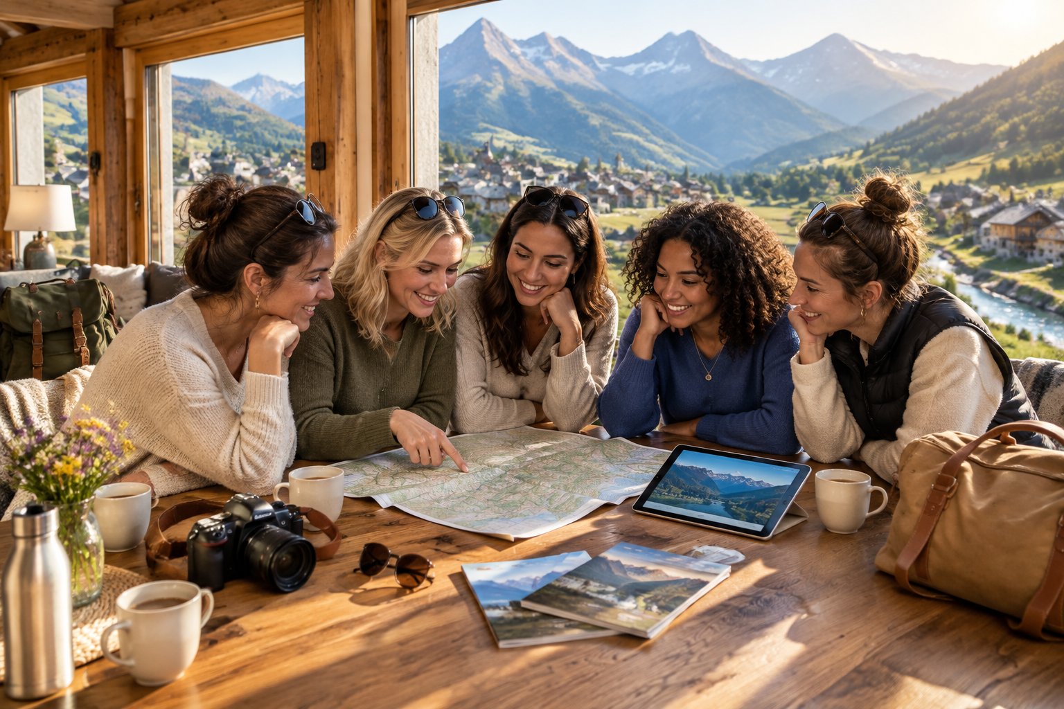 A group of women plan their stay in a mountain chalet overlooking the Queyras Alps.
