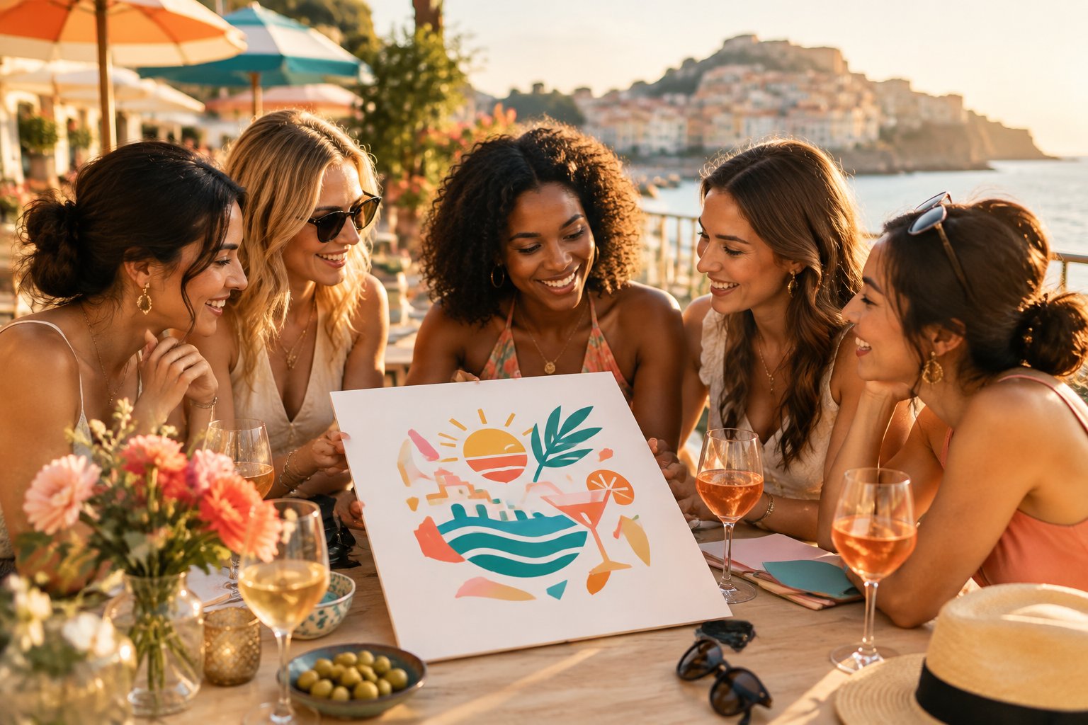 A group of women celebrating at a seaside café beside an abstract travel-inspired logo concept board.