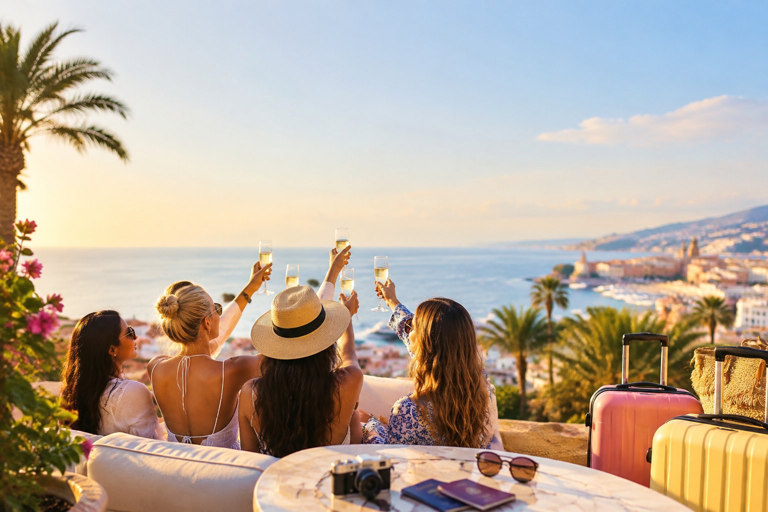 Friends celebrating together on a sunny rooftop overlooking a coastal destination.