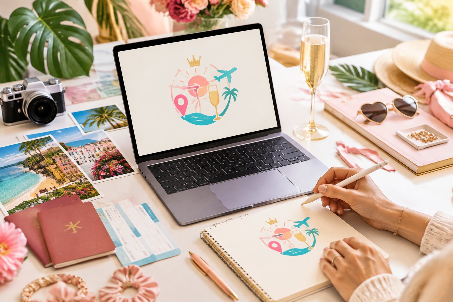 A designer’s workspace with a laptop showing an abstract hen party travel logo concept, surrounded by festive destination-themed accessories.