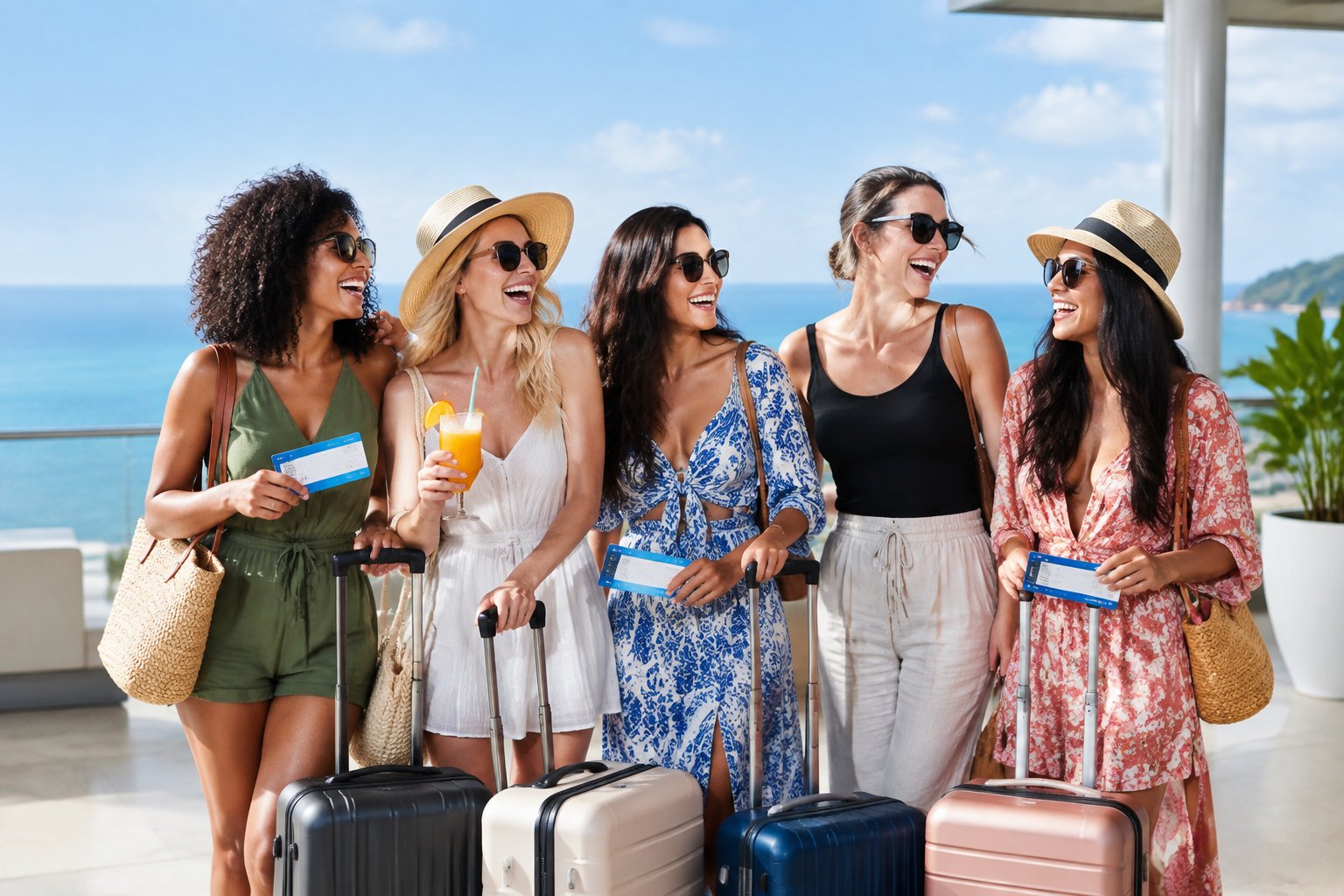 A group of women celebrating together with luggage at a sunny coastal travel destination.