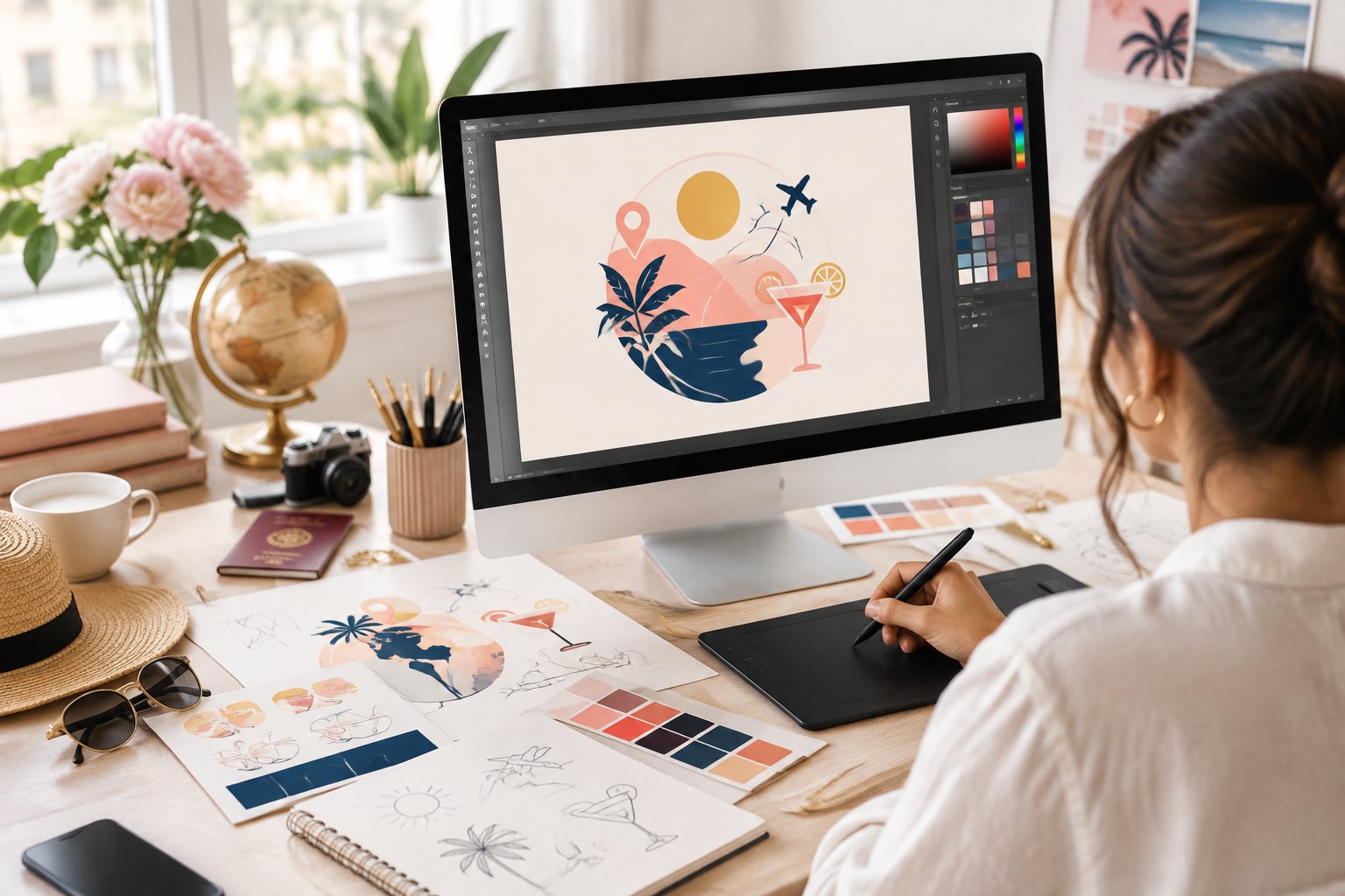 A designer creates a colorful travel-themed hen party logo concept in a bright creative workspace.