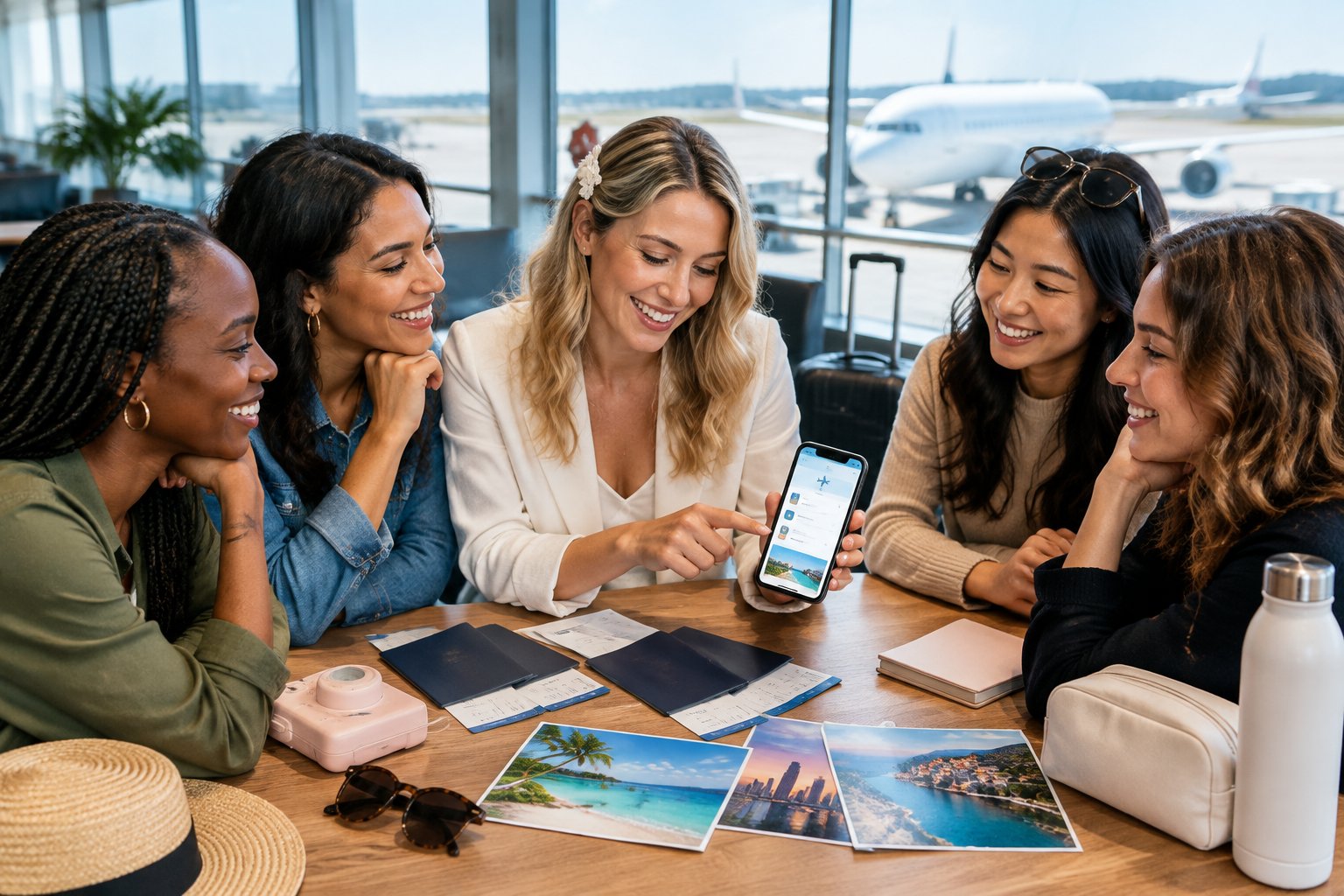 A bride-to-be and her friends plan a group getaway in an airport lounge while an airplane waits outside.