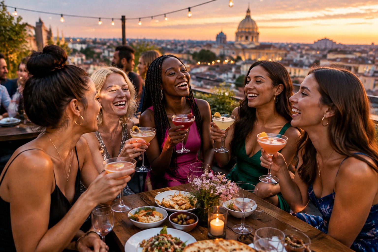 A group of friends enjoying dinner and drinks on a lively city rooftop at dusk.